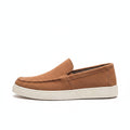 Ellison men's casual slip-on shoe in brown with discreet height boost and comfortable insoles, featuring a white rubber sole for style and elevation.