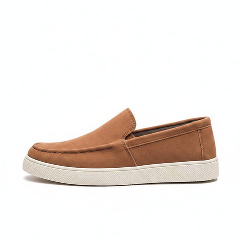 Ellison men's casual slip-on shoe in brown with discreet height boost and comfortable insoles, featuring a white rubber sole for style and elevation.
