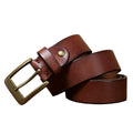 Brown leather belt with a gold buckle on a white background