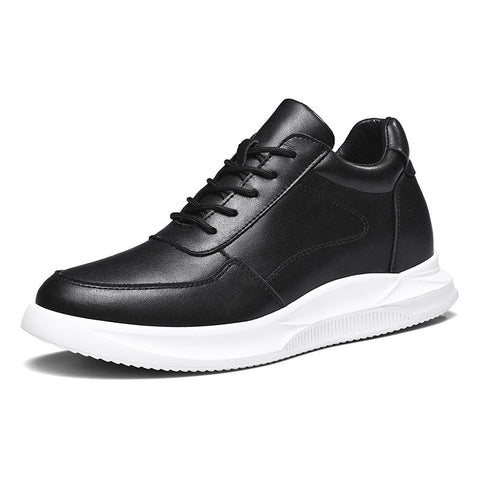Black leather sneaker with white sole on a white background, featuring an invisible height increase of 2.4 inches.
