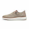 Strider men's casual sneaker in beige knit fabric with brown leather accents, featuring a discreet height boost and comfortable insoles for elevator shoe style and modern elevation.