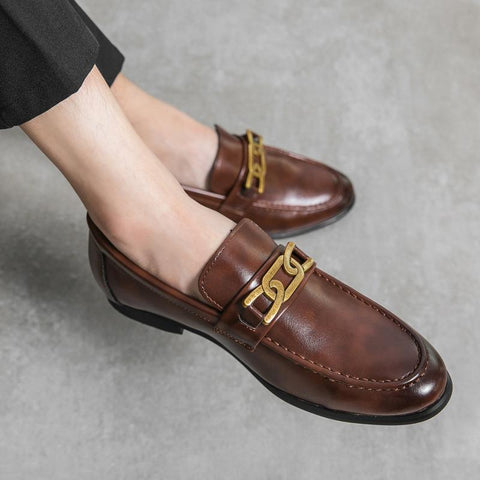 Whitmore brown leather men's dress shoes with gold chain detail, offering discreet height boost and comfortable insoles for an elegant, confident appearance.