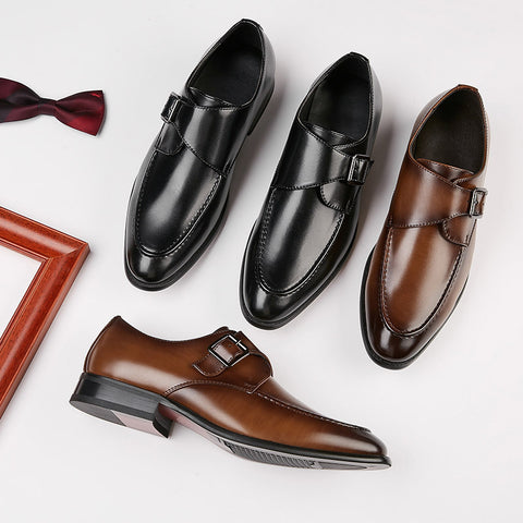 Three pairs of Lennox men's dress shoes in black and brown leather with discreet height-increasing design, polished finish, and buckled straps on a light background.