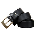 Black leather belt with a gold buckle on a white background