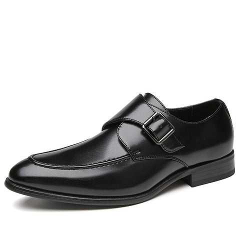 Black leather dress shoe Lennox with polished finish and side buckle, designed as discreet height-increasing footwear for men offering comfort and a subtle lift.