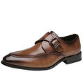 Lennox men's dress shoe in polished brown leather with a sleek buckle strap, discreet height boost, comfortable insoles, and a modern design for elevated style.