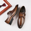 Lennox men's dress shoes in polished brown leather with a discreet height boost, featuring a buckle strap and comfortable insoles for a modern, elevated style.