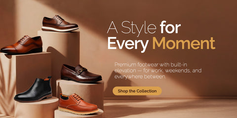 Five men's dress shoes and boots displayed on staggered pedestals against a warm tan backdrop, including brown wingtip oxfords, a cap-toe oxford, a bit loafer, a black Chelsea boot, and a moc-toe casual shoe — Modern Elevation 'A Style for Every Moment' collection banner.