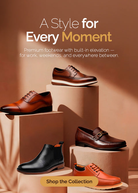 Modern Elevation men's shoe collection banner featuring wingtip oxfords, a loafer, a Chelsea boot, and a casual moc-toe shoe staged on pedestals, with 'A Style for Every Moment' headline and Shop the Collection button