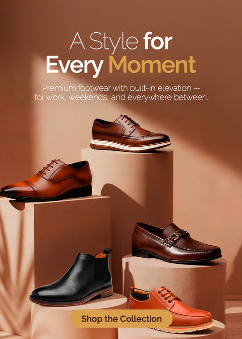 Modern Elevation men's shoe collection banner featuring wingtip oxfords, a loafer, a Chelsea boot, and a casual moc-toe shoe staged on pedestals, with 'A Style for Every Moment' headline and Shop the Collection button