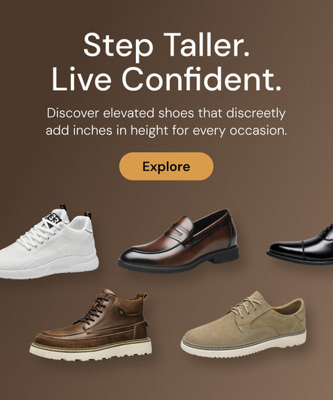 Promotional image for elevated shoes with text and shoes displayed on a brown background