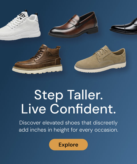 Collection of elevated shoes with text on a blue background