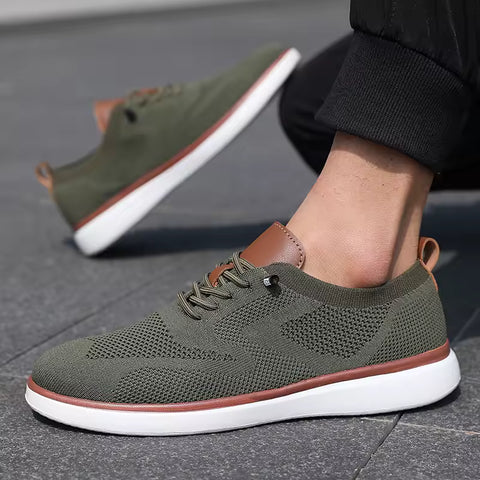 Strider modern men's sneaker in olive green knit with brown leather accents, featuring comfortable insoles and a discreet height boost for stylish elevation.