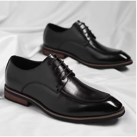 Pair of black dress shoes on a white background