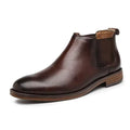 Wellington men's leather boot in dark brown with discreet hidden heel, offering comfortable insoles and a modern, stylish design for a subtle height increase.