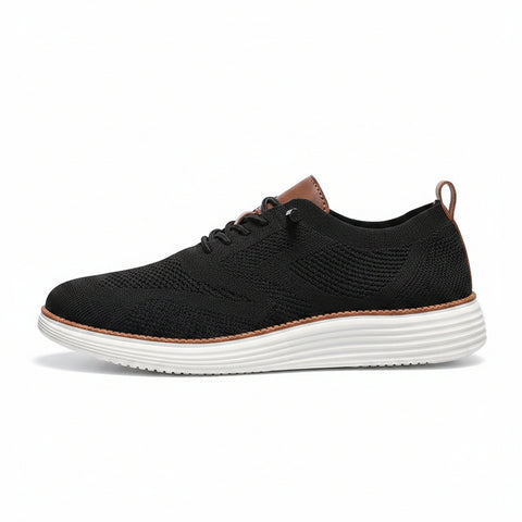 Black knitted men's sneaker with white sole and brown accents, designed as discreet height boost elevator shoes called Strider for comfortable modern casual wear.