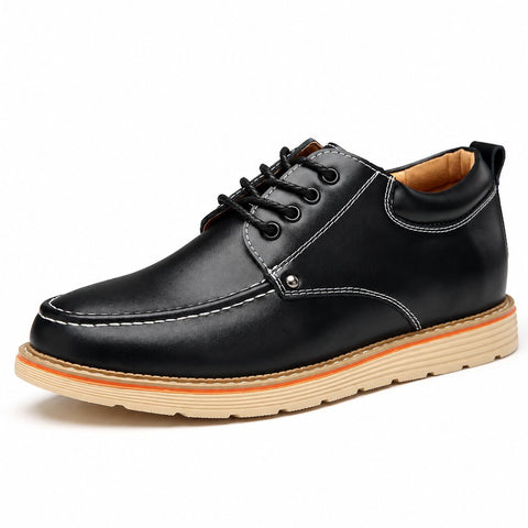 Ardent black casual elevator shoe with lace up design contrast stitching and discreet height boost on a textured tan sole
