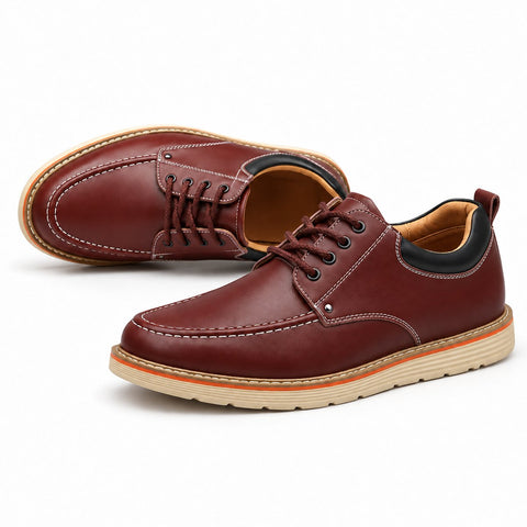 Ardent burgundy leather casual shoes with moc toe stitching lace up design cushioned soles and a discreet height boost for comfortable everyday wear