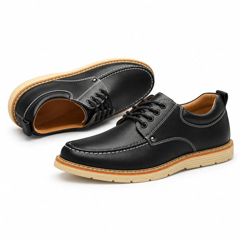 Ardent black men's casual elevator shoes with stitched detailing tan soles and a discreet height boost for comfortable everyday style