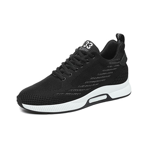 Ascend33 black mens sneaker with breathable knit upper white sole and discreet height boost for comfortable everyday wear