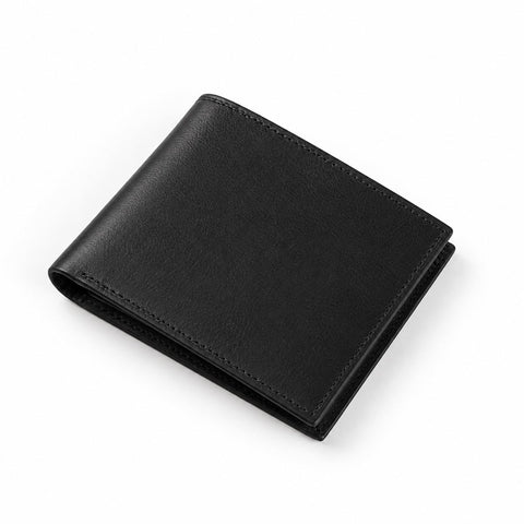The Modern Wallet black leather bifold wallet with a slim profile and neat stitched edges displayed on a white background