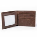 The Modern Wallet in brown leather open to show multiple card slots and a clear ID window for organized everyday carry