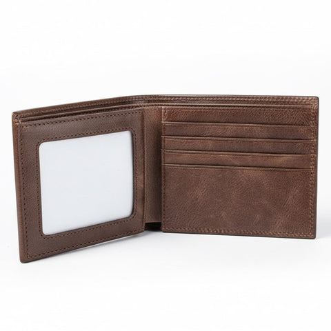 The Modern Wallet in brown leather open to show multiple card slots and a clear ID window for organized everyday carry