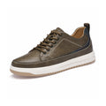 Brooklyn brown casual height increasing sneaker with lace up design contrast stitching and white platform sole for a discreet height boost