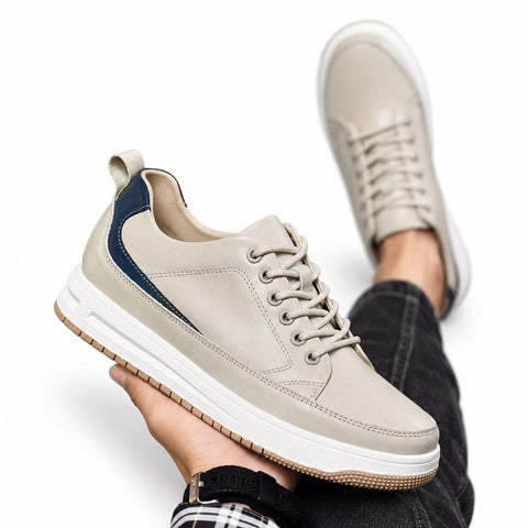 Brooklyn men's casual shoes in beige with navy accents and lace up styling shown on foot for a discreet height boost