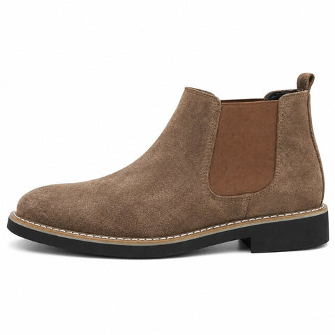Chelsea men's boot in beige suede with elastic side panels and a discreet built-in lift