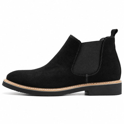 Chelsea black suede ankle boot with elastic side panels and a stacked sole offering a refined casual style for discreet height boost and everyday comfort