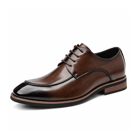 Conrad men's brown leather dress shoe with a sleek pointed toe polished finish lace up design and discreet height boost for confident formal style