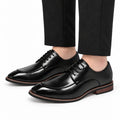 Conrad black leather men's dress shoes with polished finish and lace up design offering a discreet height boost for a refined professional look