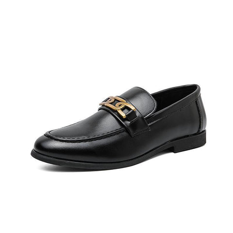 Black leather slip-on dress shoe named Whitmore with gold chain accent, designed for discreet height boost and comfortable fit as part of Modern Elevation collection.