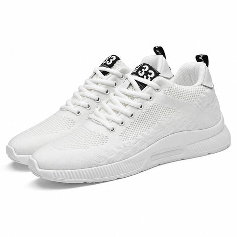 Elevate33 white men's sneakers with breathable knit uppers and cushioned soles offering modern style and a discreet height boost for everyday wear