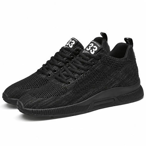 Elevate33 black mens sneakers with breathable knit uppers cushioned soles and a discreet height boost for comfortable everyday wear
