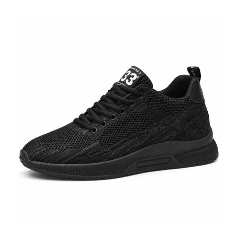 Elevate33 black men's sneaker with a textured knit upper and discreet height boost designed for comfortable everyday wear