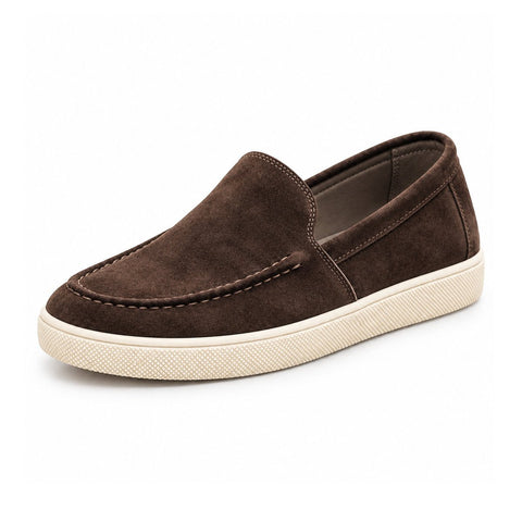 Ellison brown suede slip on casual shoe with stitched moc toe and textured cream sole offering a discreet height boost for polished everyday style