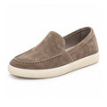 Ellison elevated casual slip on shoe in taupe suede with moc toe stitching and a textured white sole for a refined everyday look