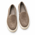 Ellison taupe suede slip on casual shoes with moccasin stitching and textured white rubber soles shown from above