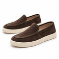 Ellison brown suede style slip on casual shoes with textured white soles for a modern look and discreet height boost