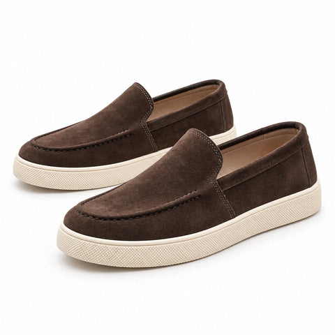 Ellison brown suede style slip on casual shoes with textured white soles for a modern look and discreet height boost