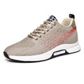 Everest33 beige men's sneaker with red accents and a knit upper, featuring a hidden internal lift for a discreet height boost.