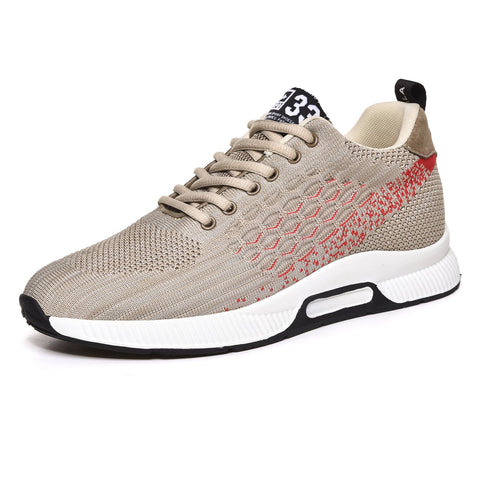 Everest33 beige men's sneaker with red accents and a knit upper, featuring a hidden internal lift for a discreet height boost.