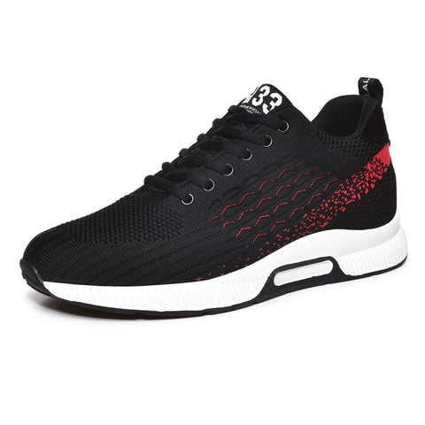 Everest33 black and red men's sneaker with a knit design and white sole, featuring a hidden lift for a discreet height boost.