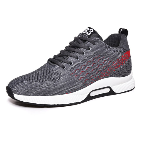 Everest33 men's sneaker in dark gray with red accents, featuring a hidden internal lift for a discreet height boost.