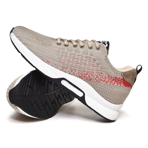 Everest33 men's sneaker in beige with red accents and a knit upper, featuring a hidden lift for a discreet height boost.