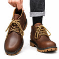 Explorer brown leather casual boots with gold laces rugged lug soles and a discreet height boost for comfortable everyday wear