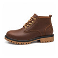 Explorer brown leather casual boot with lace-up design and rugged lug sole offering a discreet height boost for comfortable everyday wear