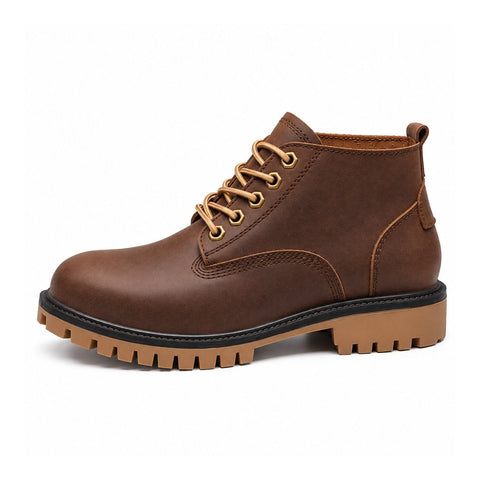 Explorer brown leather casual boot with lace-up design and rugged lug sole offering a discreet height boost for comfortable everyday wear